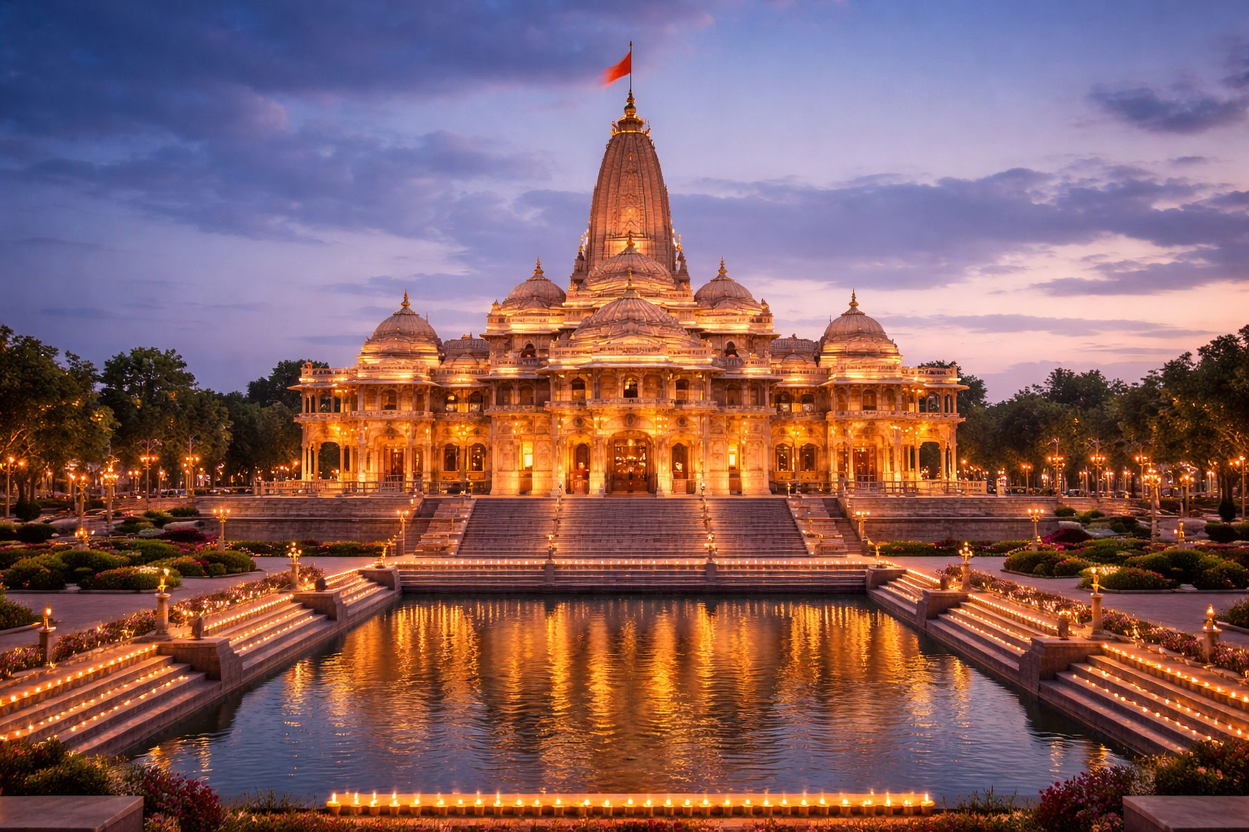 A grand illuminated temple at dusk
