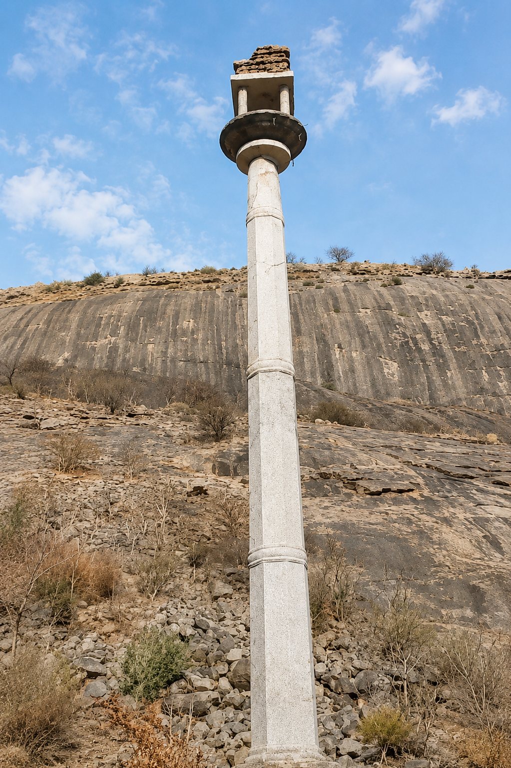The tall stone dwaja sthambha standing against the sky