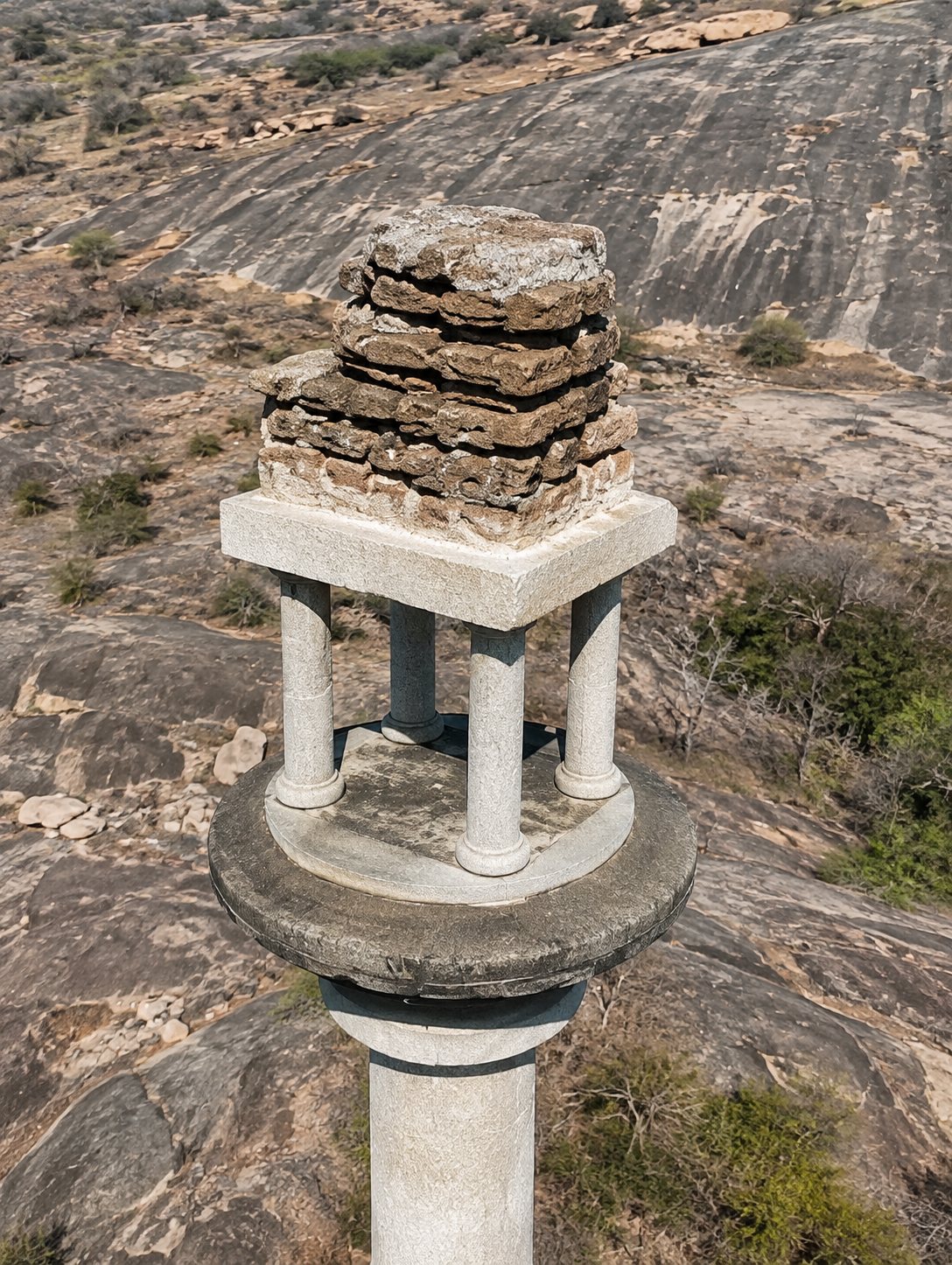 The umbrella stone and tiny shrine at the top of the pillar
